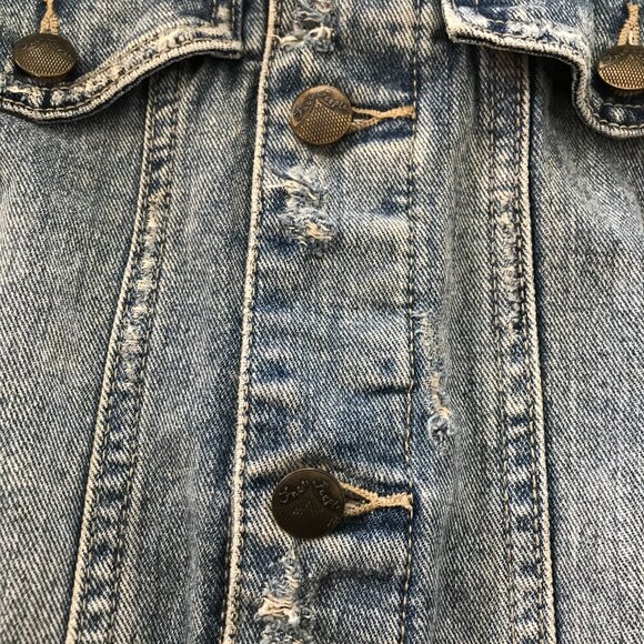 Free People Denim Jacket Women S Blue Hooded Distressed Button Up Long Sleeve - Picture 11 of 13